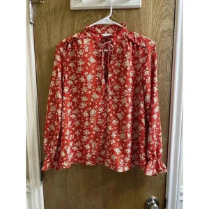 ZARA Red Floral Print Shirt Top Tied Ruffle Collar Long Sleeve Ruffle Trim Sz XS